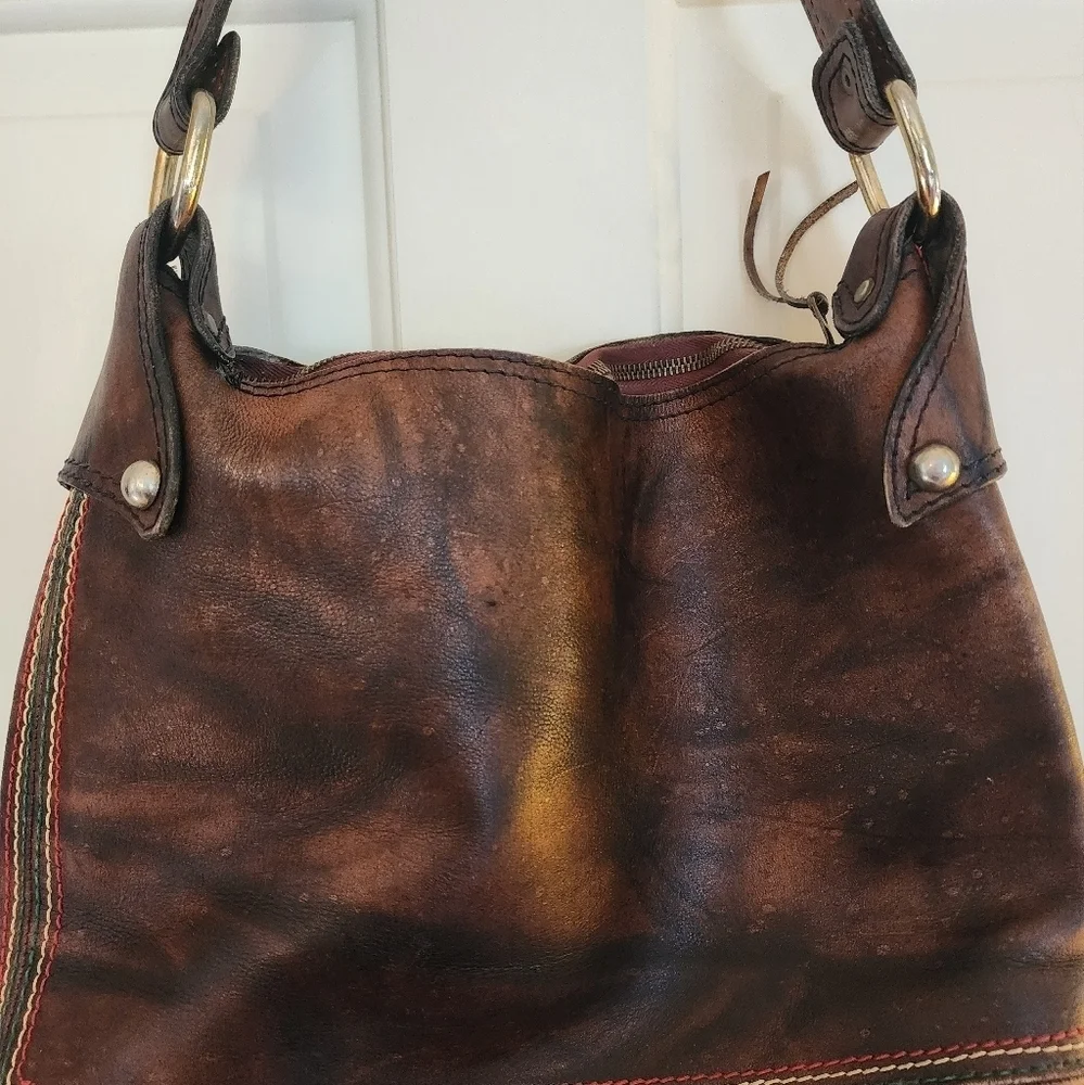 Vintage  dark brown leather unlined shoulder bucket bag boho